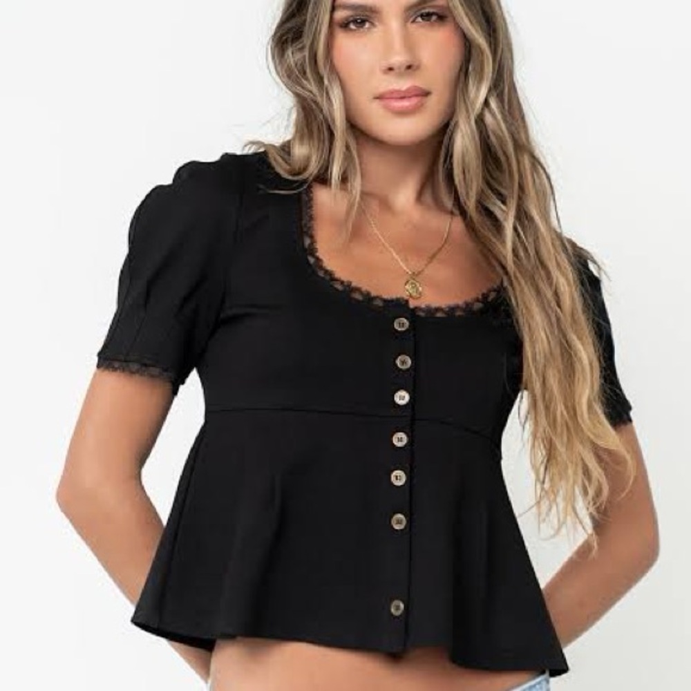 NWT Anthropologie Maeve Black Leticia Peplum Button-Front Top with Lace Trim